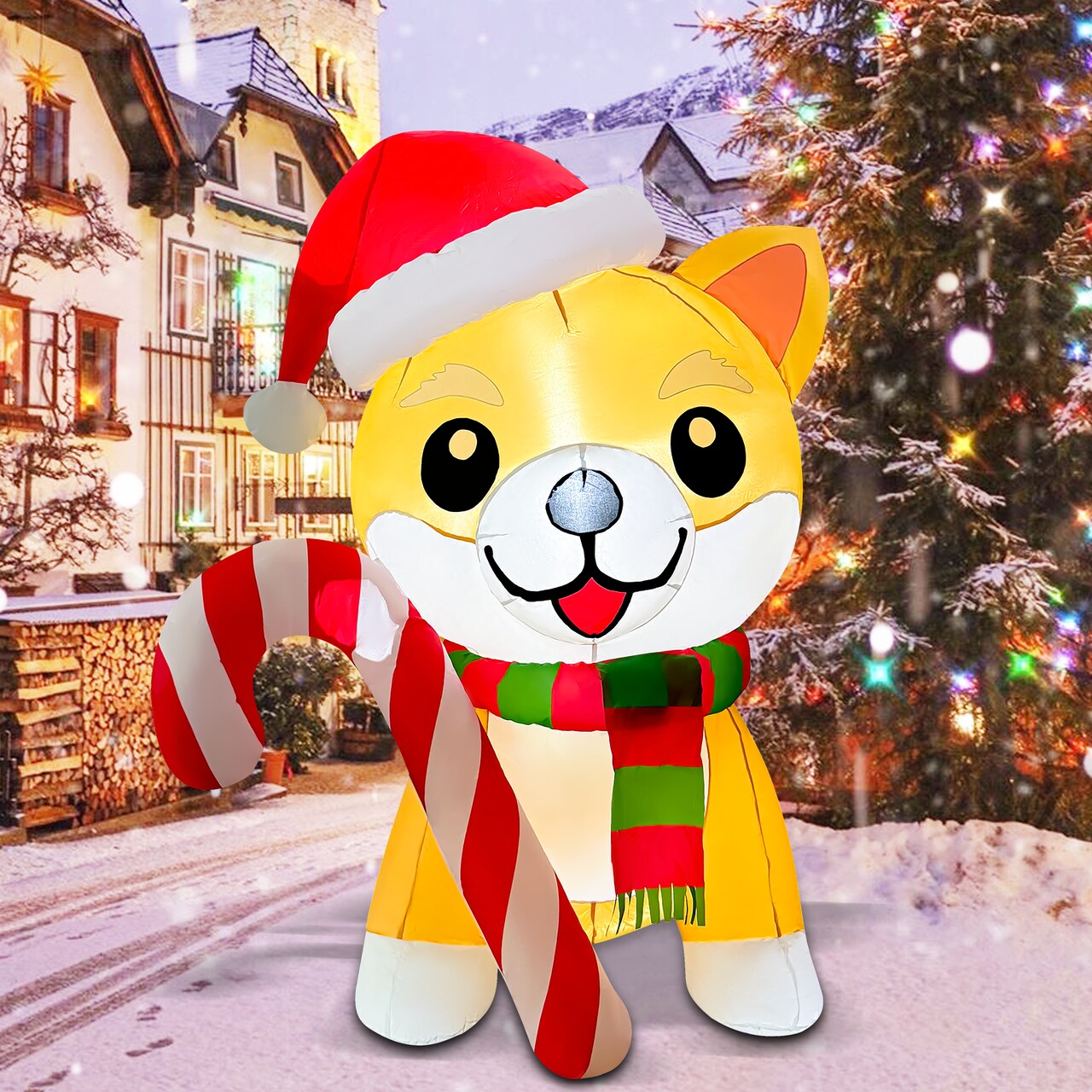 GOOSH 5.2FT Christmas Dog Inflatable with Candy Cane, Santa Hat, and LED Lights